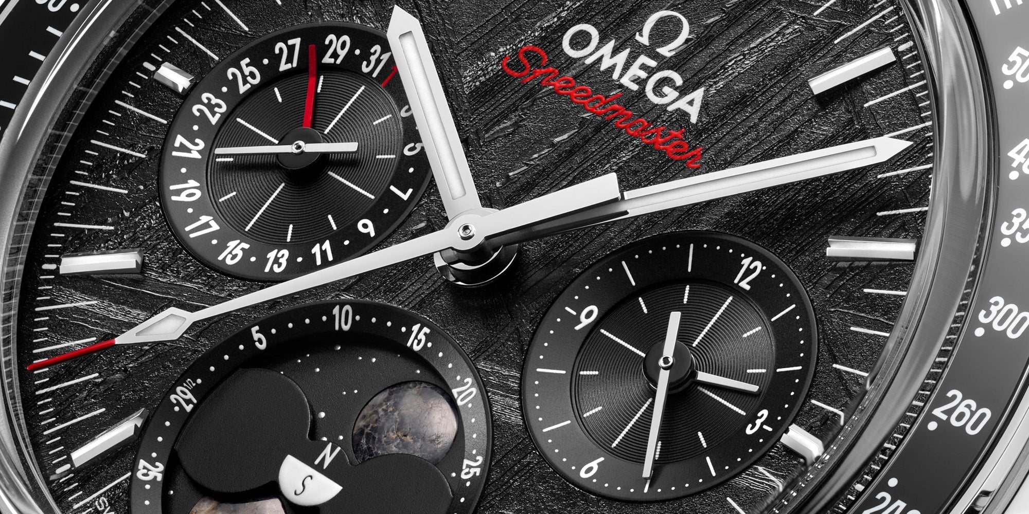 Meteorite dials for two new Omega Speedmaster Moonphase