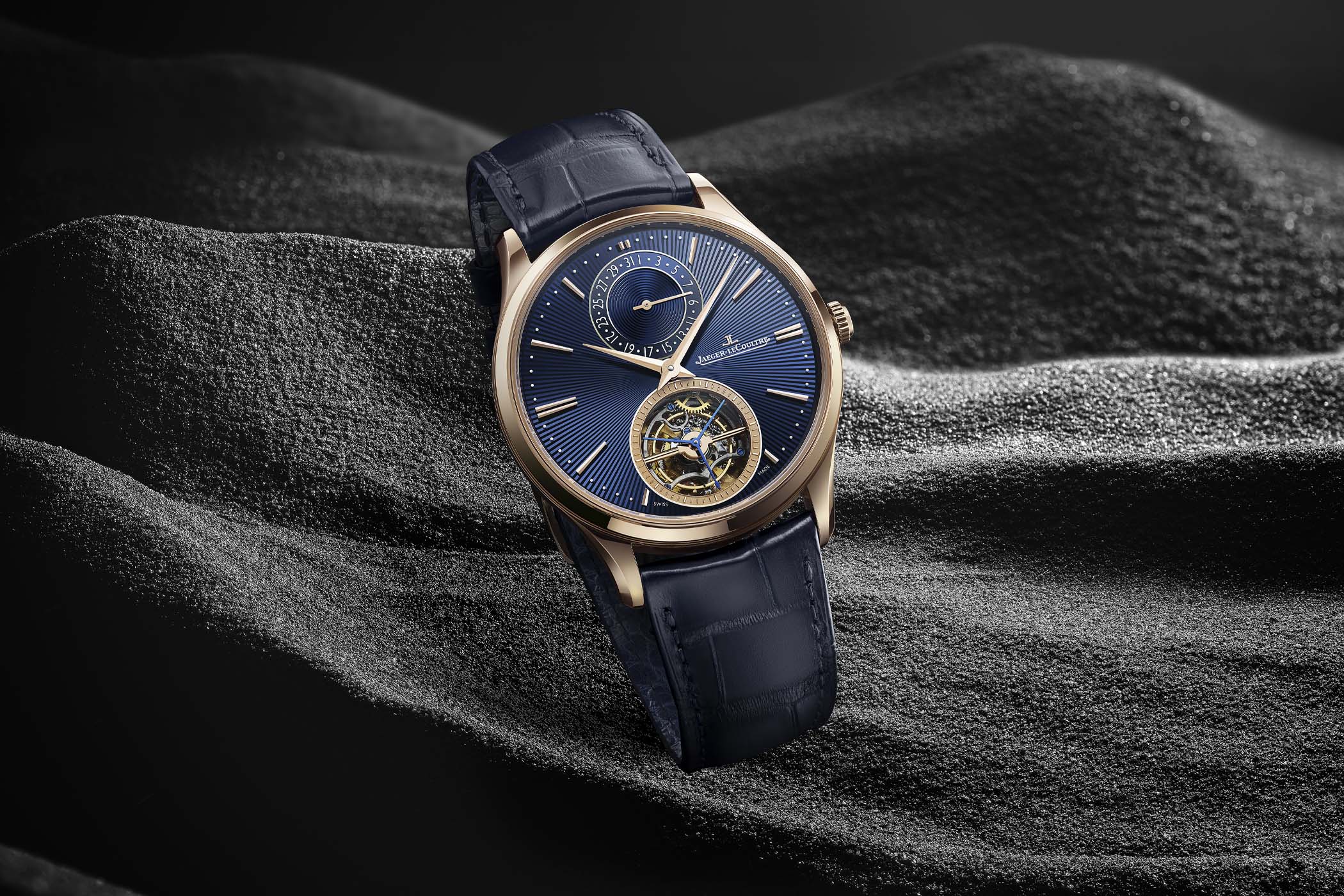 The latest Jaeger-LeCoultre Master Ultra Thin Tourbillon comes with a blue Enamel dial